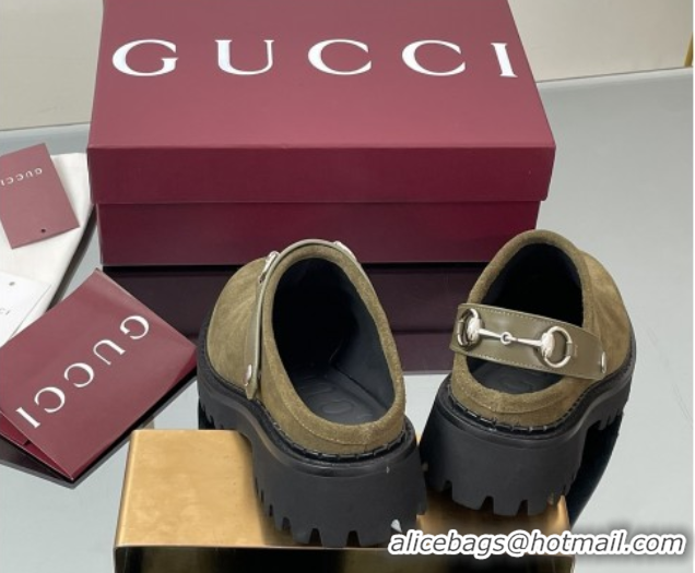 Most Popular Gucci Suede Mule with Horsebit 835829 Dark Green