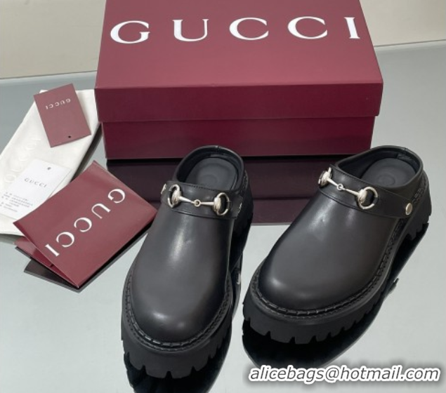 Shop Duplicate Gucci Leather Mule with Horsebit 835829 Black