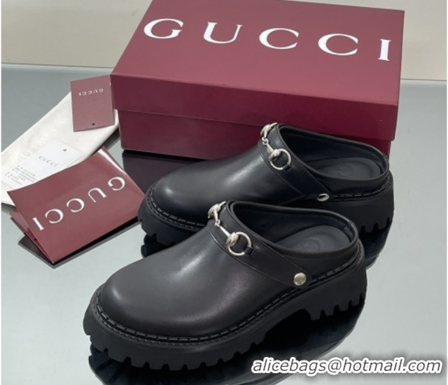 Shop Duplicate Gucci Leather Mule with Horsebit 835829 Black