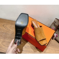 Top Design Hermes Kristal Heel Slides Sandal in Suede Brown 0606067