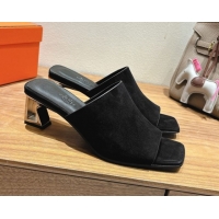 Buy New Cheap Hermes Kristal Heel Slides Sandal in Suede Black 0606068
