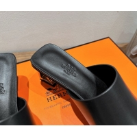 Best Price Hermes Kristal Heel Slides Sandal in Nappa Leather Black 0606071