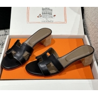 Sophisticated Hermes Classic Oasis Heel Slides Sandal 4.5cm in Shiny Calfskin Black 0606095