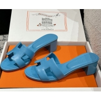 Luxury Hermes Classic Oasis Heel Slides Sandal 4.5cm in Shiny Calfskin Blue 0606099
