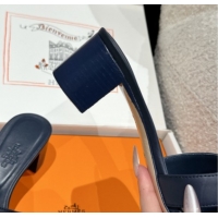 Good Product Hermes Classic Oasis Heel Slides Sandal 4.5cm in Shiny Calfskin Dark Blue 0606103