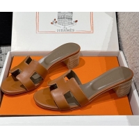 Unique Style Hermes Classic Oasis Heel Slides Sandal 4.5cm in Shiny Calfskin Brown 0606113
