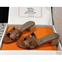 Good Quality Hermes Classic Oasis Heel Slides Sandal 4.5cm in Shiny Calfskin Dark Brown 0606114