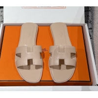 Best Product Hermes Classic Oran Flat Slides Sandal in Shiny Calfskin Rose Beige 0606117