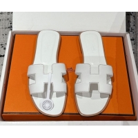 Pretty Style Hermes Classic Oran Flat Slides Sandal in Shiny Calfskin White 0606119