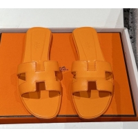 Cheap Price Hermes Classic Oran Flat Slides Sandal in Shiny Calfskin Light Orange 0606121