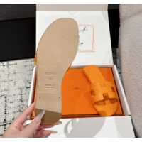 Cheap Price Hermes Classic Oran Flat Slides Sandal in Shiny Calfskin Light Orange 0606121