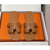 Top Grade Hermes Classic Oran Flat Slides Sandal in Shiny Calfskin Brown 0606123