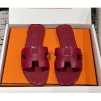 Grade Quality Hermes Classic Oran Flat Slides Sandal in Shiny Calfskin Dark Burgundy 0606125