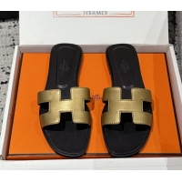Good Quality Hermes Classic Oran Flat Slides Sandal in Shiny Calfskin Gold 0606127