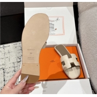 Good Looking Hermes Classic Oran Flat Slides Sandal in Shiny Calfskin Beige 0606129