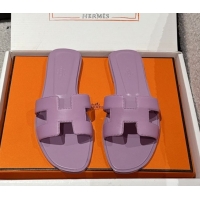 Stylish Hermes Classic Oran Flat Slides Sandal in Shiny Calfskin Light Purple 0606132
