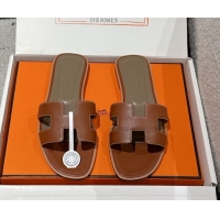 Best Price Hermes Classic Oran Flat Slides Sandal in Shiny Calfskin Brown 0606134