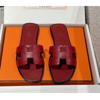 Durable Hermes Classic Oran Flat Slides Sandal in Shiny Calfskin Burgundy 0606136