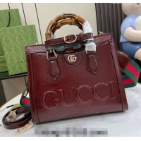 Best Grade Gucci Diana Small Tote Bag with GUCCI Logo in Patent Leather 702721 Dark Burgundy 2024