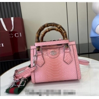 Top Quality Gucci Diana Mini Tote Bag in Snakeskin Embossed Leather 702732 Pink 2024