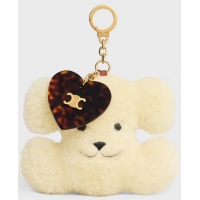 Buy Discount Celine Triomphe POM-POM Keyring With Heart In Shearling And Acetate C8952 White/Gold