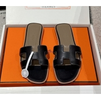Unique Style Durable Hermes Classic Oran Flat Slides Sandal in Shiny Calfskin Black 0606116
