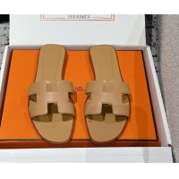 Popular Style Hermes Classic Oran Flat Slides Sandal in Shiny Calfskin Light Brown 0606116
