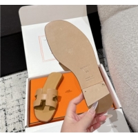 Popular Style Hermes Classic Oran Flat Slides Sandal in Shiny Calfskin Light Brown 0606116