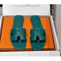 Good Looking Hermes Classic Oran Flat Slides Sandal in Shiny Calfskin Green 0606118