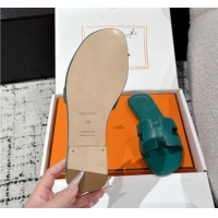 Good Looking Hermes Classic Oran Flat Slides Sandal in Shiny Calfskin Green 0606118