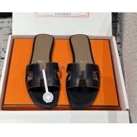 Durable Hermes Classic Oran Flat Slides Sandal in Shiny Calfskin Black 0606120