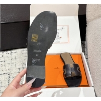 Durable Hermes Classic Oran Flat Slides Sandal in Shiny Calfskin Black 0606120