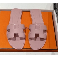 Pretty Style Hermes Classic Oran Flat Slides Sandal in Shiny Calfskin Pink 0606122