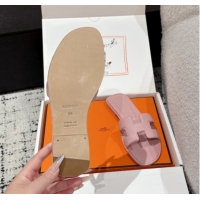 Pretty Style Hermes Classic Oran Flat Slides Sandal in Shiny Calfskin Pink 0606122