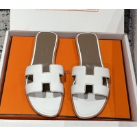 Grade Quality Hermes Classic Oran Flat Slides Sandal in Shiny Calfskin White 0606124