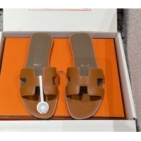 Good Product Hermes Classic Oran Flat Slides Sandal in Shiny Calfskin Brown 0606126