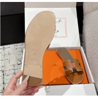 Good Product Hermes Classic Oran Flat Slides Sandal in Shiny Calfskin Brown 0606126