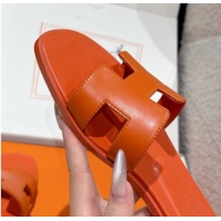 Best Grade Hermes Classic Oran Flat Slides Sandal in Shiny Calfskin Orange 0606133
