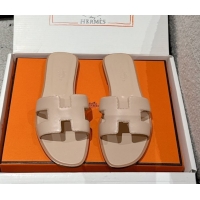 Good Quality Hermes Classic Oran Flat Slides Sandal in Shiny Calfskin Nude Pink 0606135