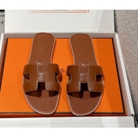 Shop Cheap Hermes Classic Oran Flat Slides Sandal in Shiny Calfskin Brown 0606140