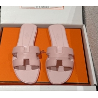Top Design Hermes Classic Oran Flat Slides Sandal in Shiny Calfskin Pink 0606141