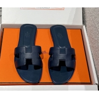 Cheap Price Hermes Classic Oran Flat Slides Sandal in Shiny Calfskin Dark Blue 0606142