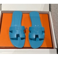 Best Price Hermes Classic Oran Flat Slides Sandal in Shiny Calfskin Blue 0606143