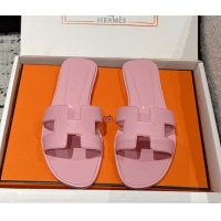 Shop Duplicate Hermes Classic Oran Flat Slides Sandal in Palm-Grained Leather Pink 0606150