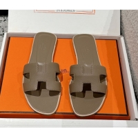 Top Grade Hermes Classic Oran Flat Slides Sandal in Palm-Grained Leather Grey 0606146