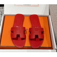 Hot Style Hermes Classic Oran Flat Slides Sandal in Palm-Grained Leather Red 0606144