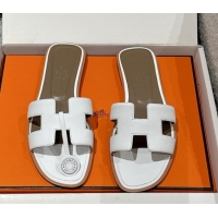 Sophisticated Hermes Classic Oran Flat Slides Sandal in Palm-Grained Leather White 0606152