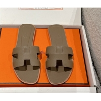 Stylish Hermes Classic Oran Flat Slides Sandal in Palm-Grained Leather Grey 0606154