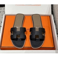 Charming Hermes Classic Oran Flat Slides Sandal in Palm-Grained Leather Black 0606156