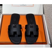 Unique Style Hermes Classic Oran Flat Slides Sandal in Palm-Grained Leather Black 0606158
